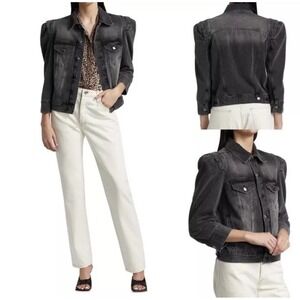 FRAME‎ Denim Jacket Women's Large L Black Gray Wash Puff Sleeve Jean Coat